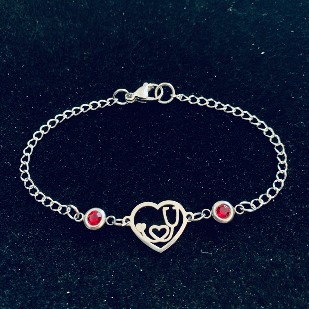 Nurse RN Stethoscope Heart chain bracelet with birthstone charms